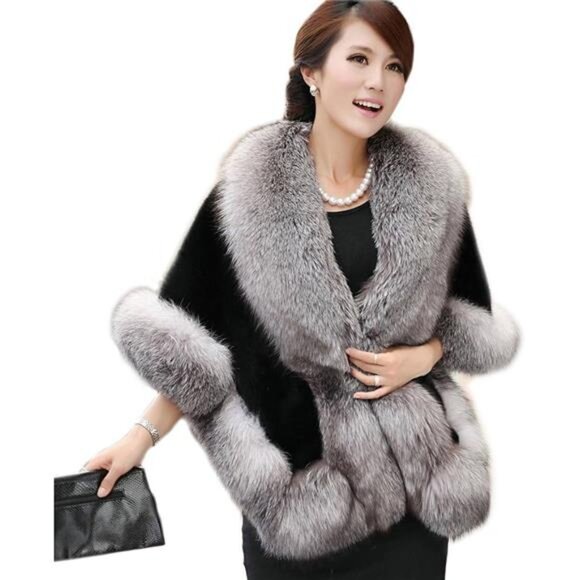Women's Faux Fur Coat Cape Shawl Black Grey